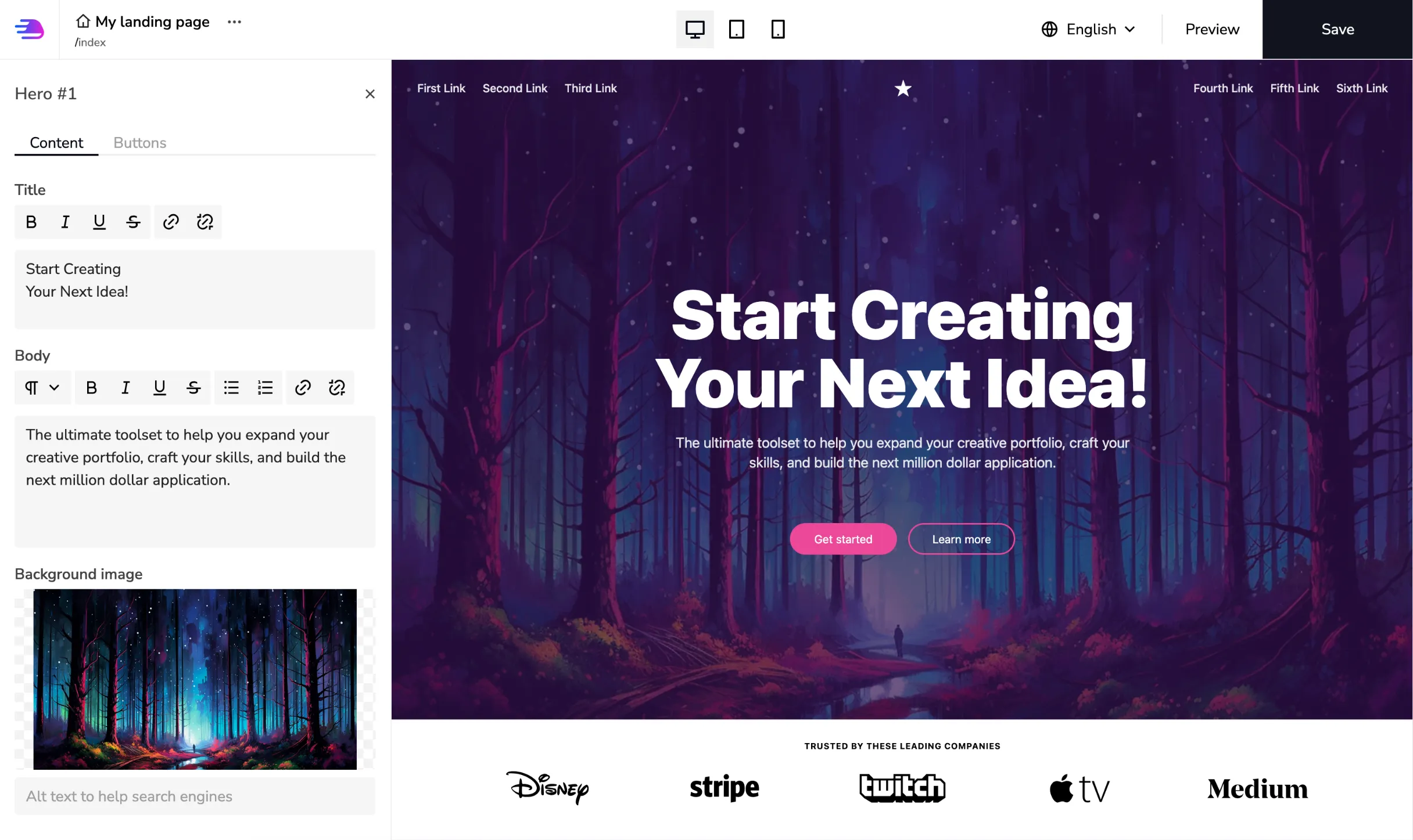 Page builder UI screenshot